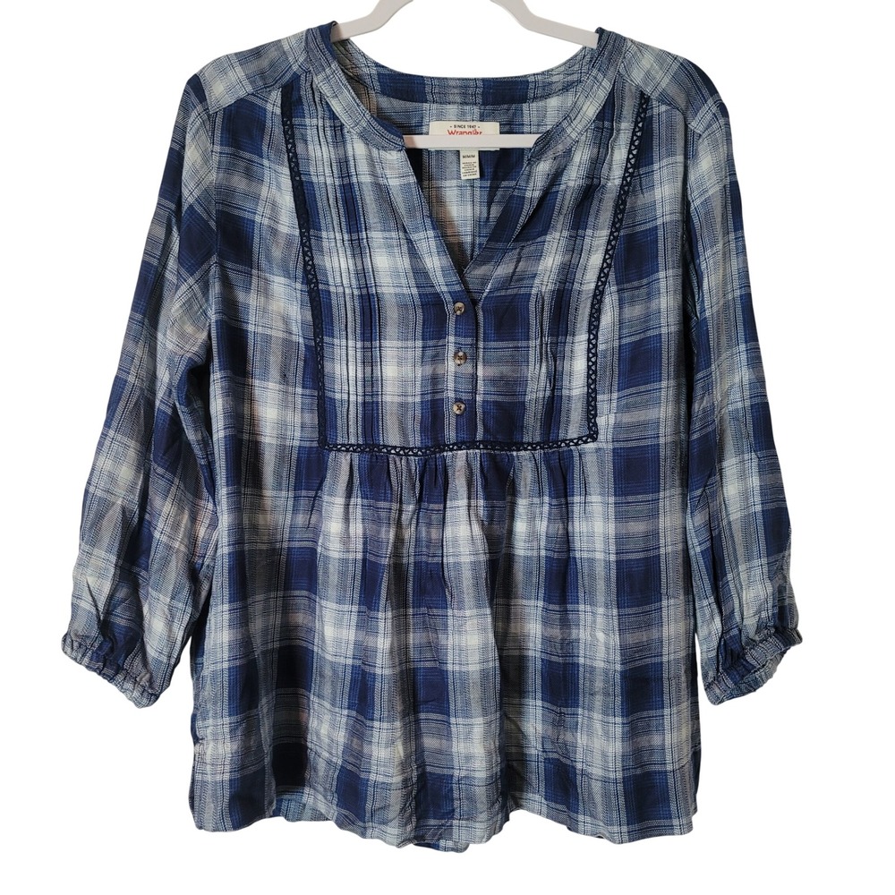 Wrangler Blue White Plaid 3/4 Sleeve Crochet Trim Peasant Top Womens Medium